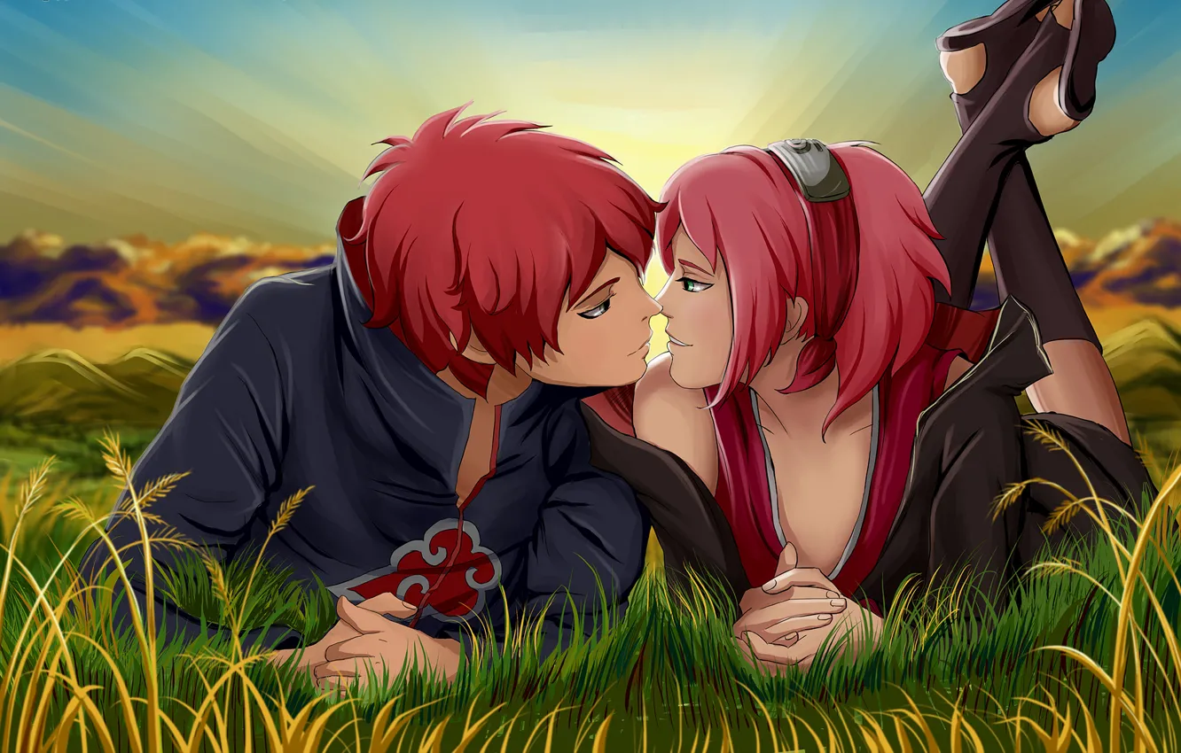 Фото обои трава, девушка, закат, повязка, парень, ниндзя, Naruto, art