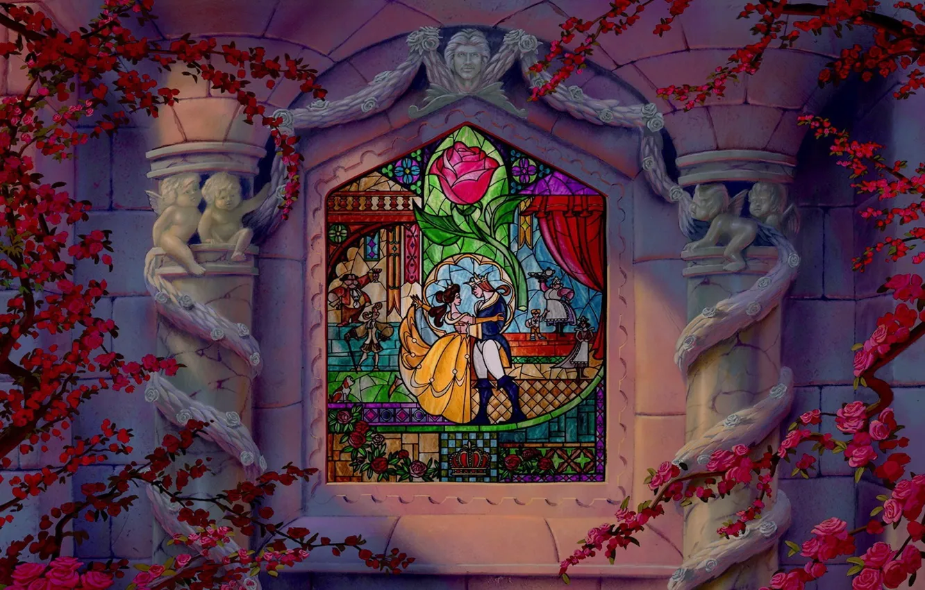 Фото обои роза, розы, сказка, ангелы, окно, витраж, колонны, Disney