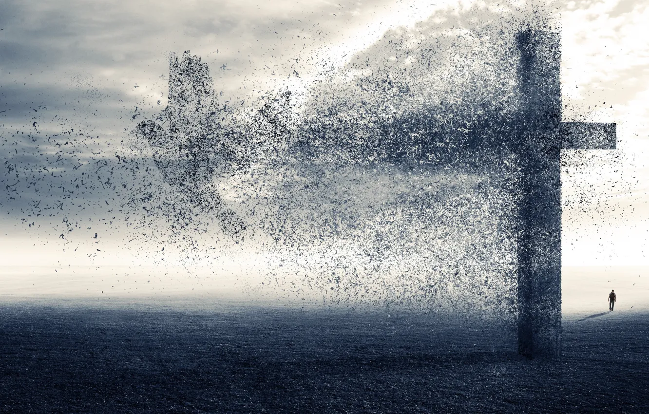 Фото обои осколки, птица, человек, крест, разрушение, пустошь