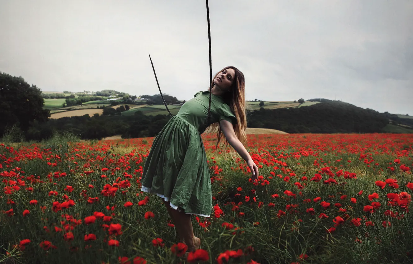 Фото обои поле, девушка, маки, верёвка