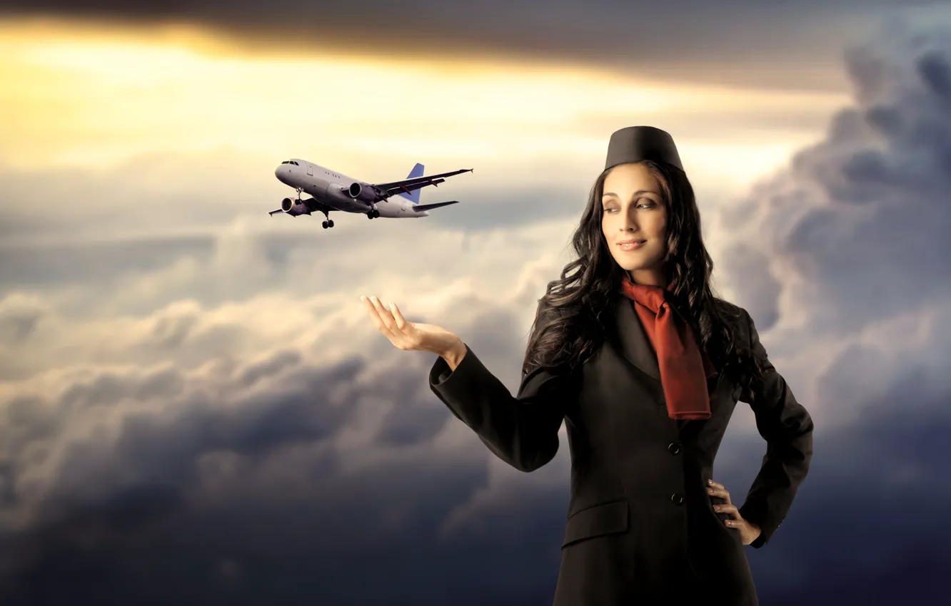Фото обои девушка, облака, полёт, самолёт, стюардесса