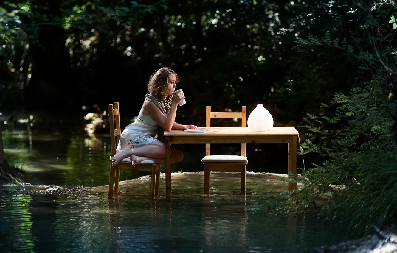Фото обои вода, девушка, стол, ситуация, потоп