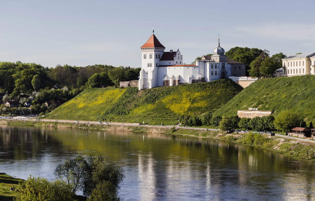 Фото обои старина, река, замок, весна, май, беларусь, Гродно