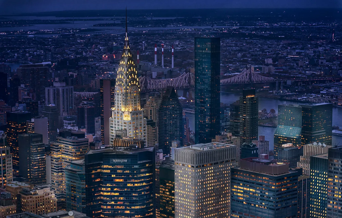 Фото обои ночь, огни, Нью-Йорк, небоскребы, Манхэттен
