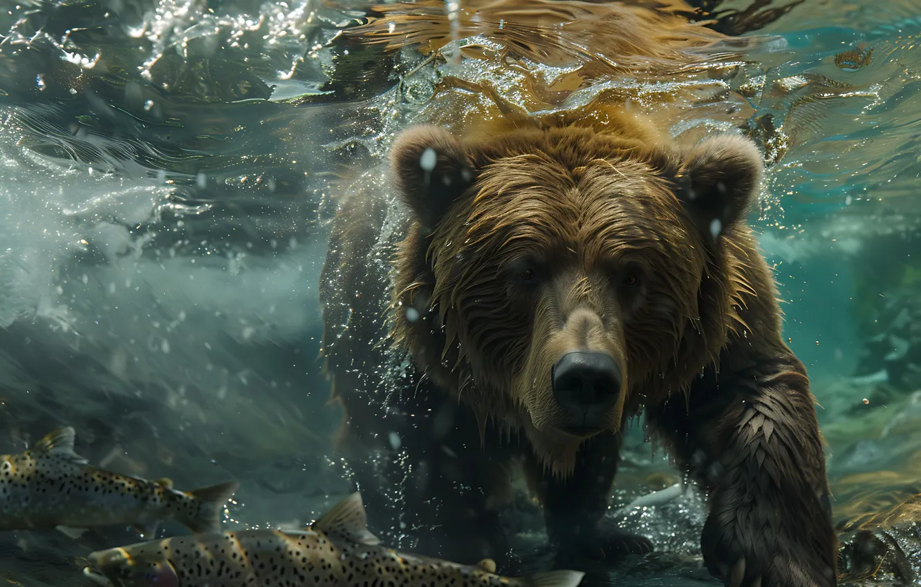 Фото обои Вода, Медведь, Морда, Хищник, Цифровое искусство, Бурый медведь, ИИ-арт, Искусство искусственного интеллекта