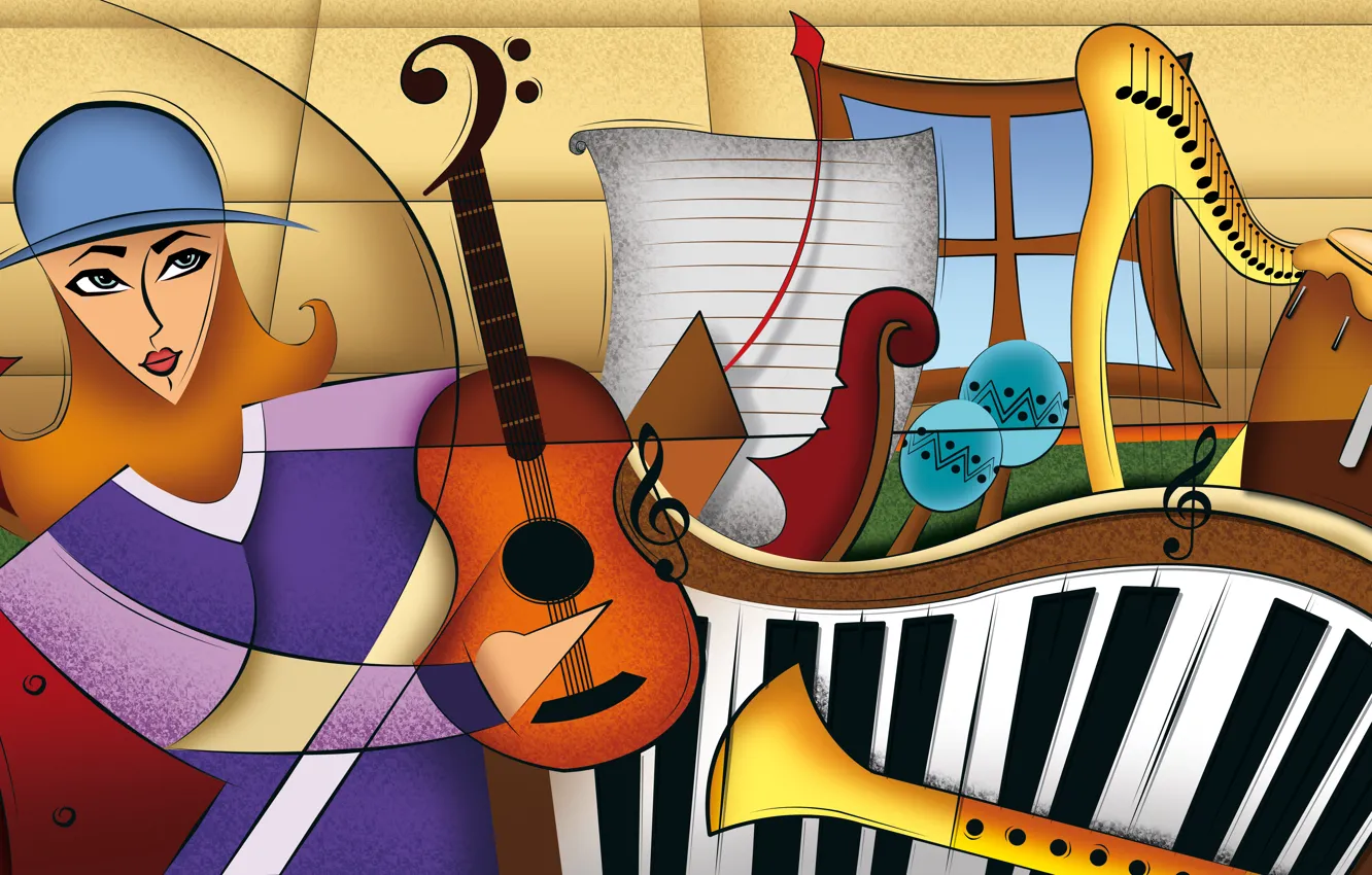 Фото обои music, color, figures, composition, instruments