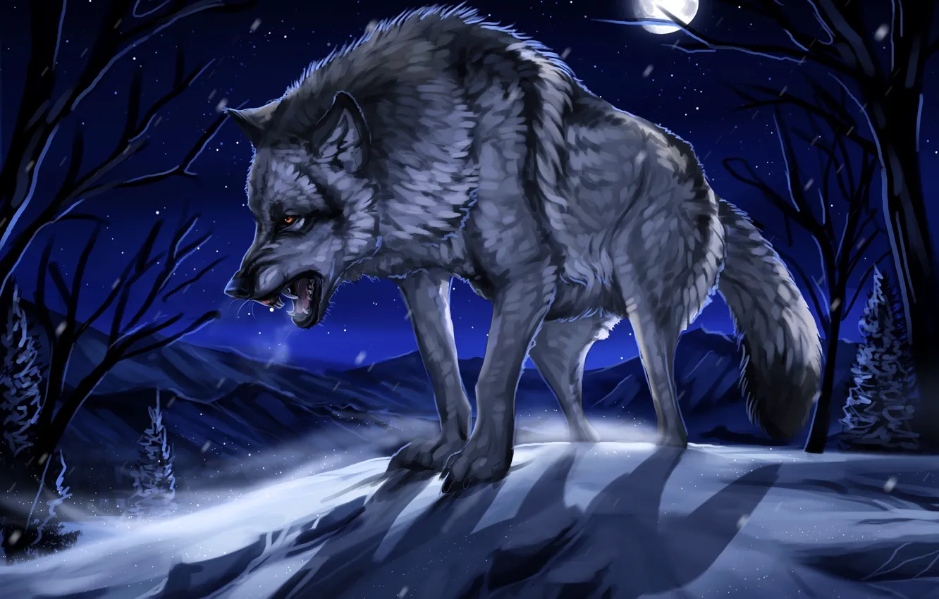 Фото обои зима, лес, снег, ночь, луна, рисунок, волк, арт