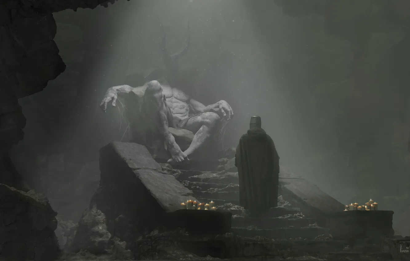 Фото обои монстр, дьявол, подземелье, рогатый бог, черный плащ, мускулатура, проклятое место, рыцарь в шлеме
