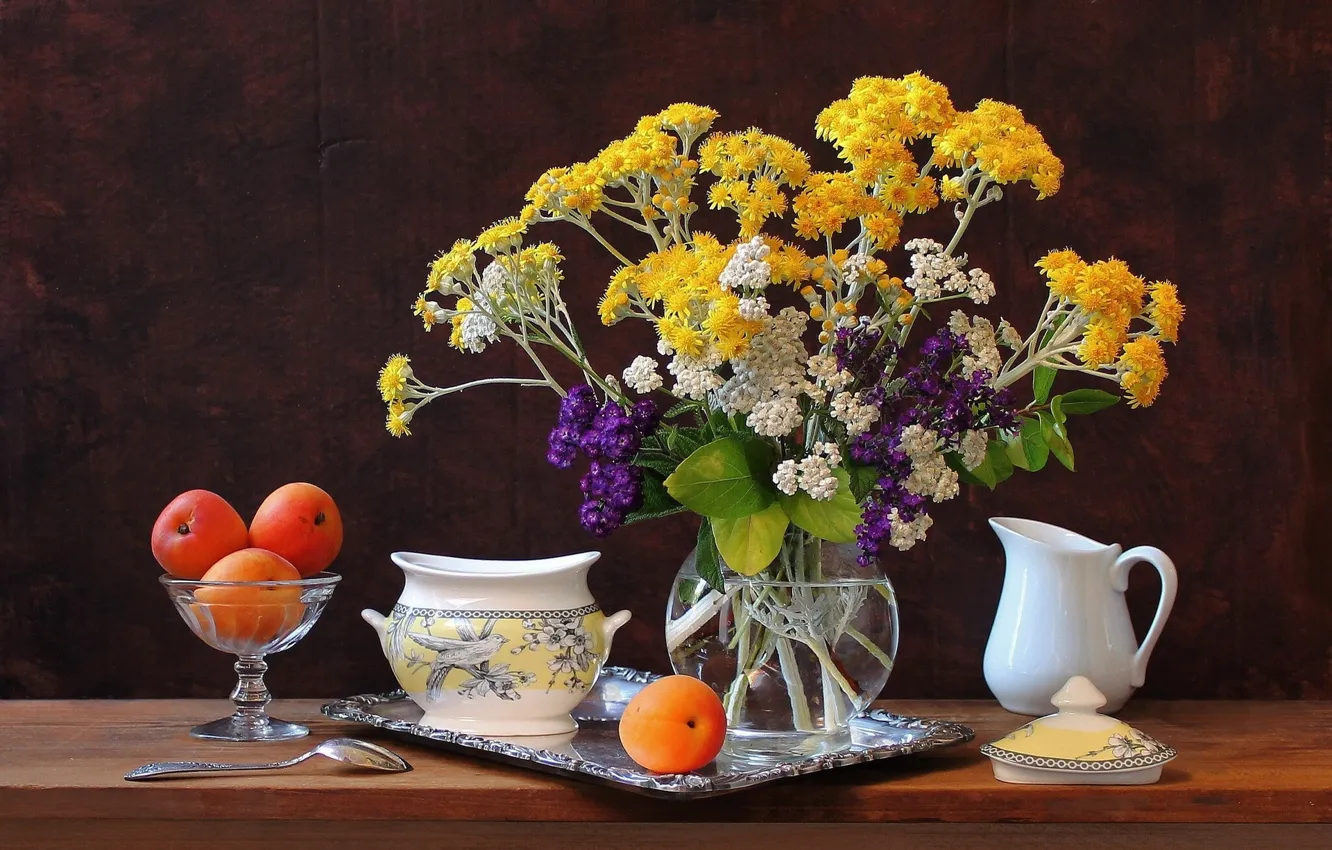 Фото обои цветы, натюрморт, поднос, абрикосы, сахарница