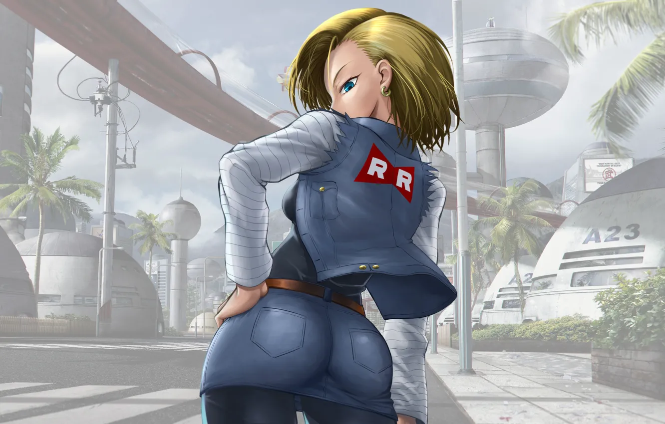 Фото обои city, ass, blue eyes, blonde, jacket, denim skirt, dragon ball z, anime girl