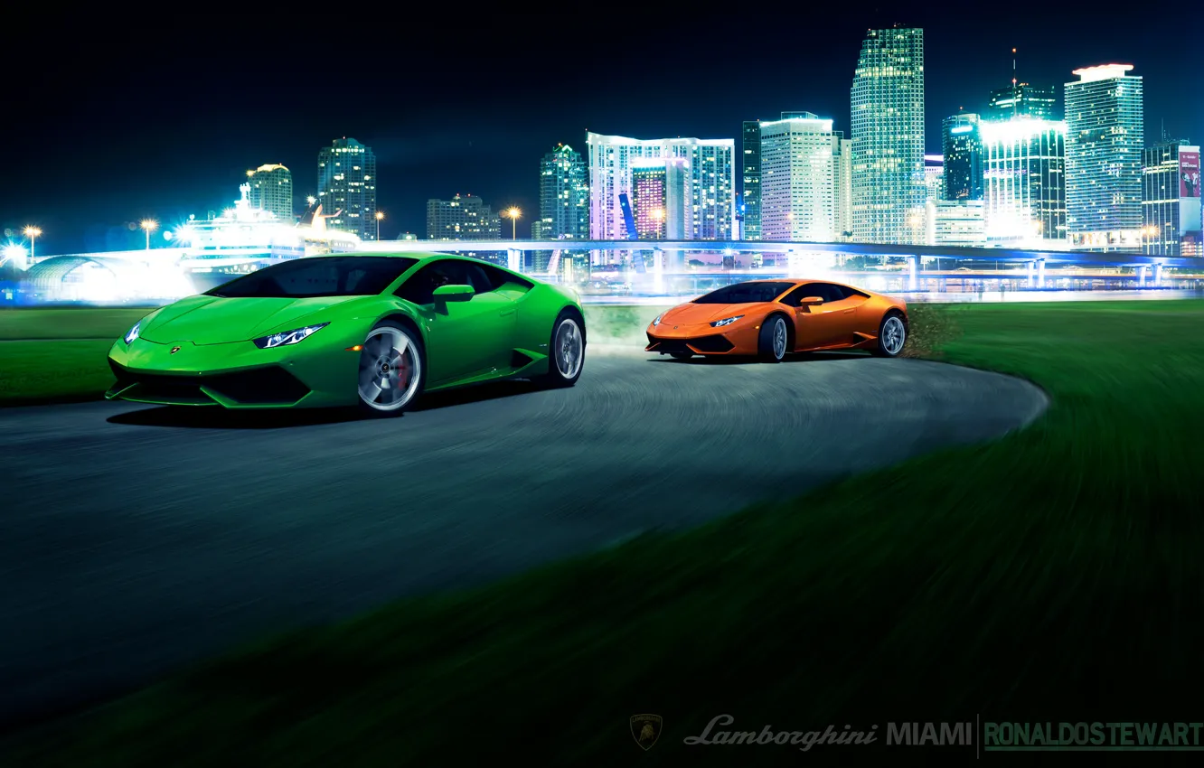 Фото обои мост, city, город, green, скорость, Lamborghini, поворот, front