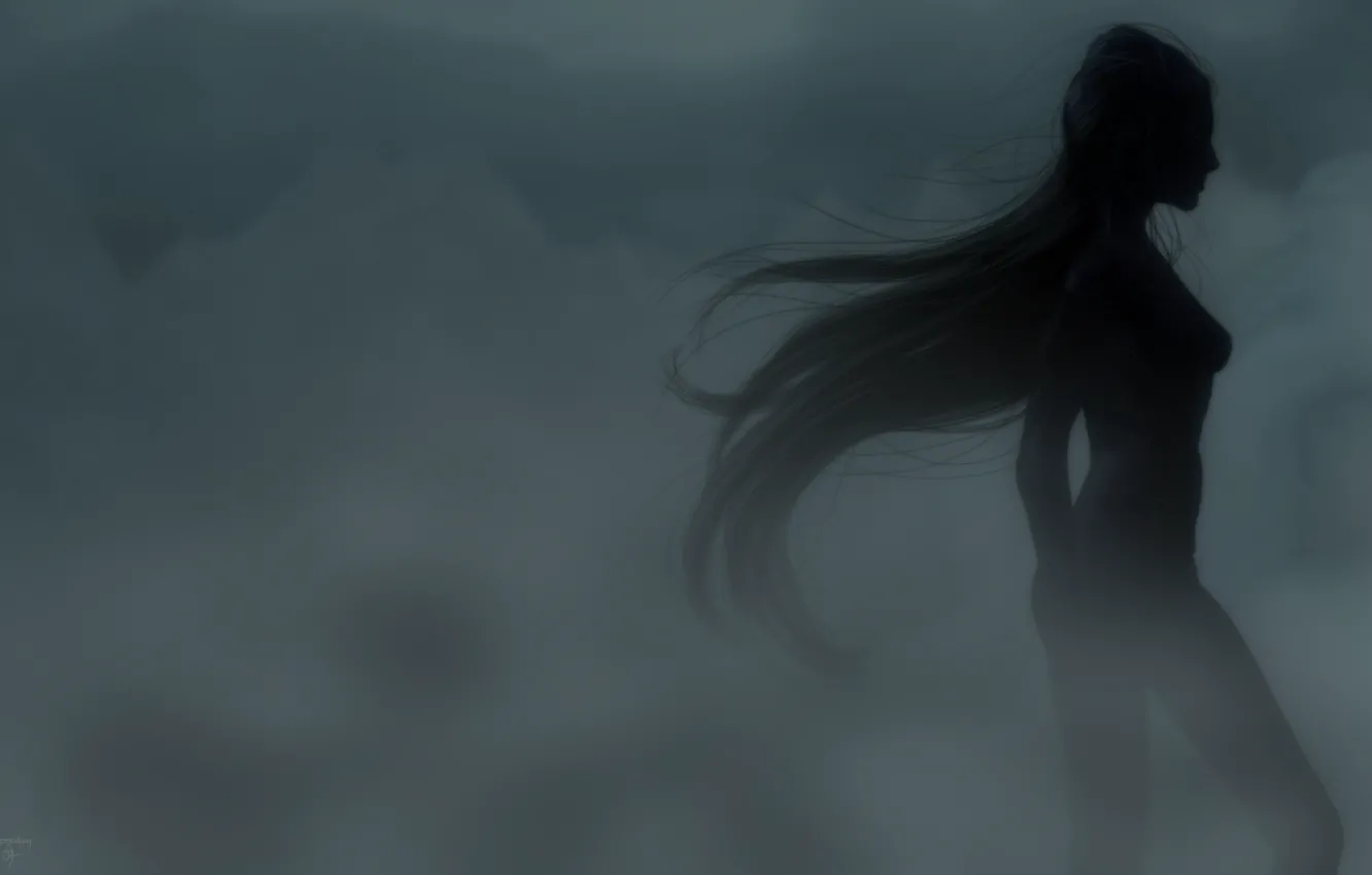 Фото обои девушка, туман, рендеринг, силуэт, профиль, длинные волосы, идет