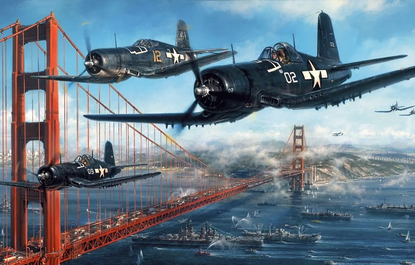 Фото обои пролив, самолет, рисунок, корабли, Golden Gate Bridge, ВВС США, палубный истребитель, мост золотые ворота
