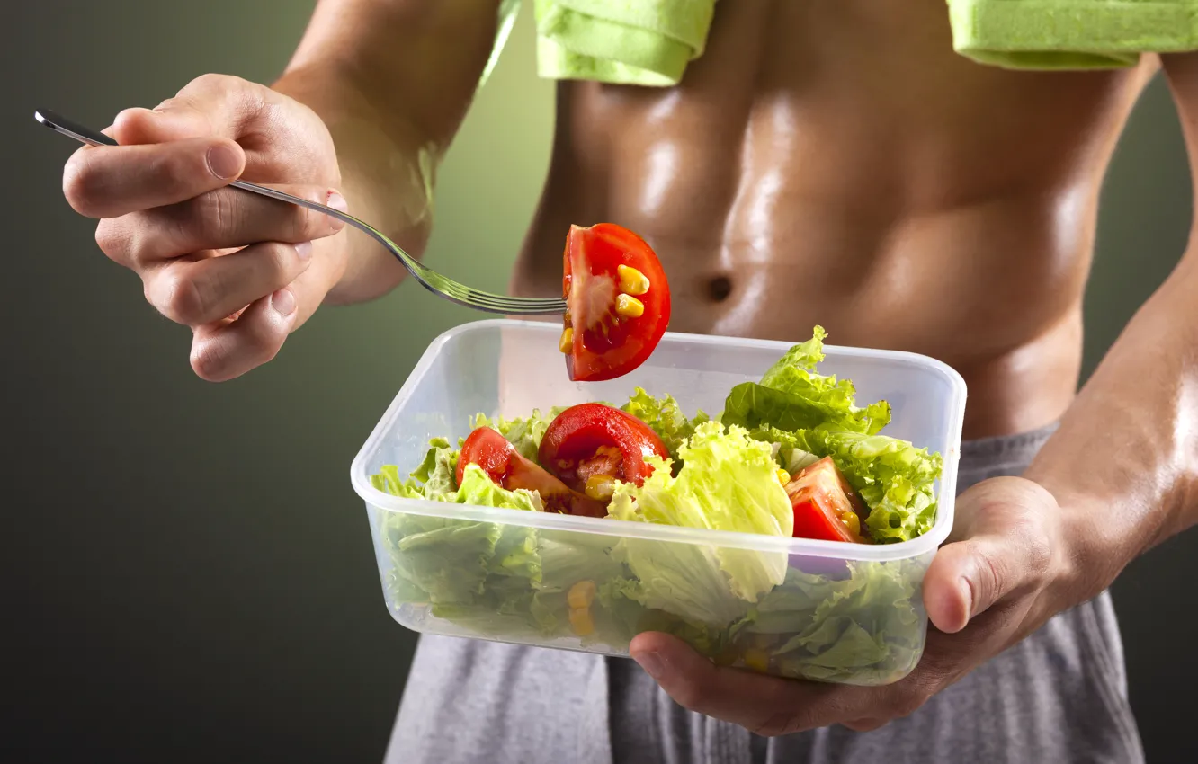 Фото обои fork, vegetables, abs, perspiration, healthy food