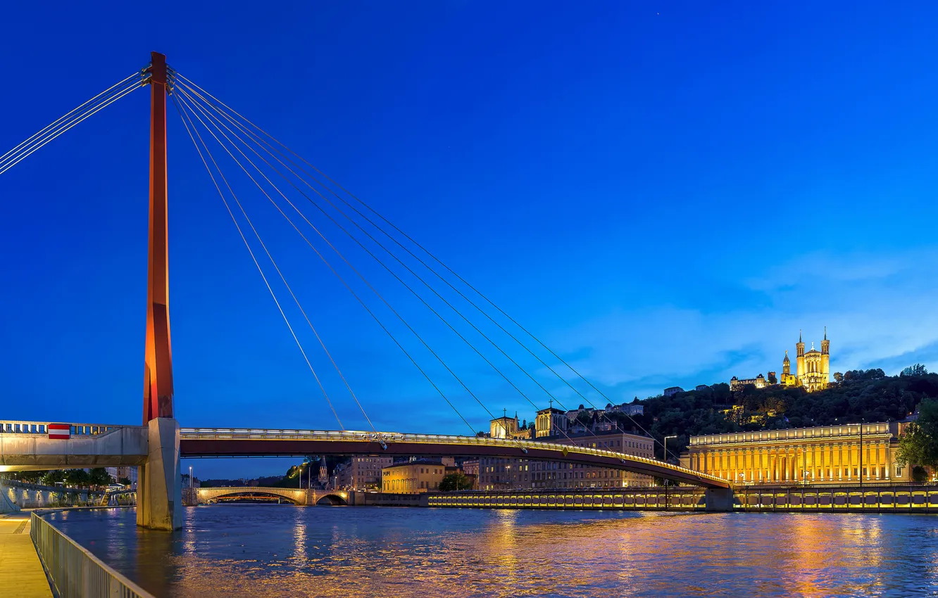 Фото обои ночь, мост, огни, река, Франция, набережная, Lyon