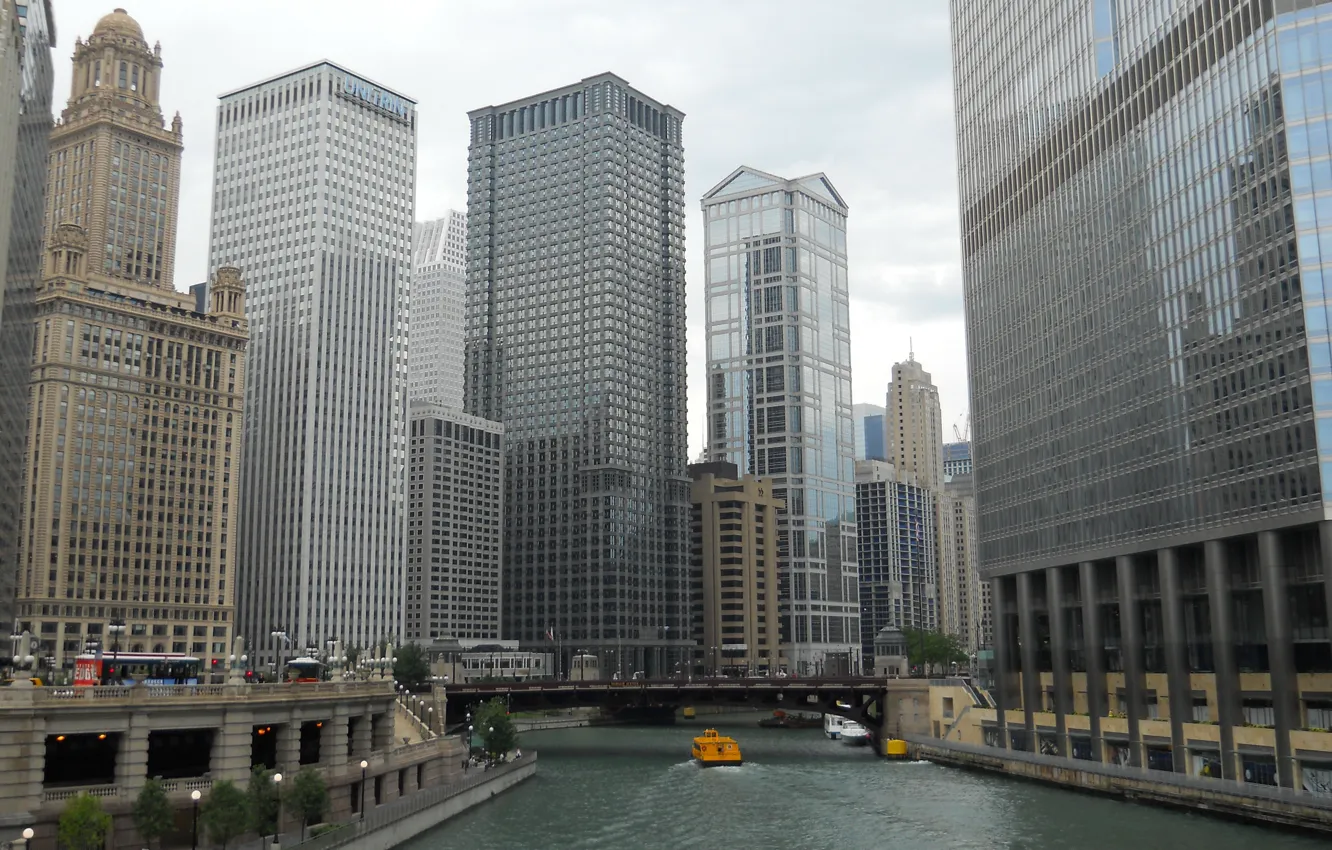 Фото обои Мост, Чикаго, Здания, USA, США, Chicago, Bridge, Buildings