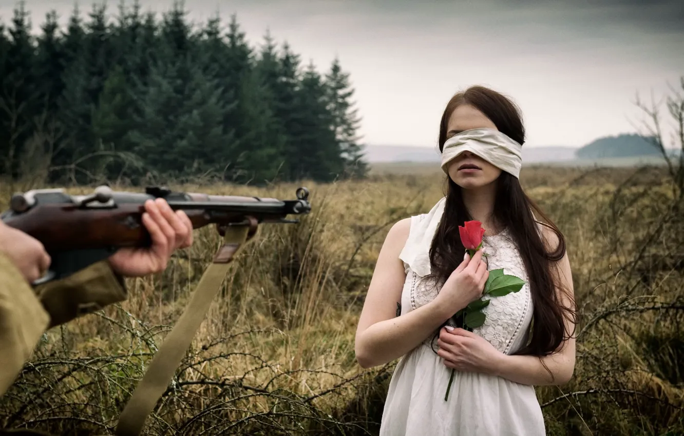 Фото обои девушка, роза, винтовка