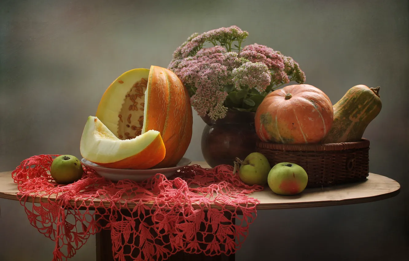 Фото обои осень, цветы, яблоки, тыква, натюрморт, сентябрь, дыня, очиток