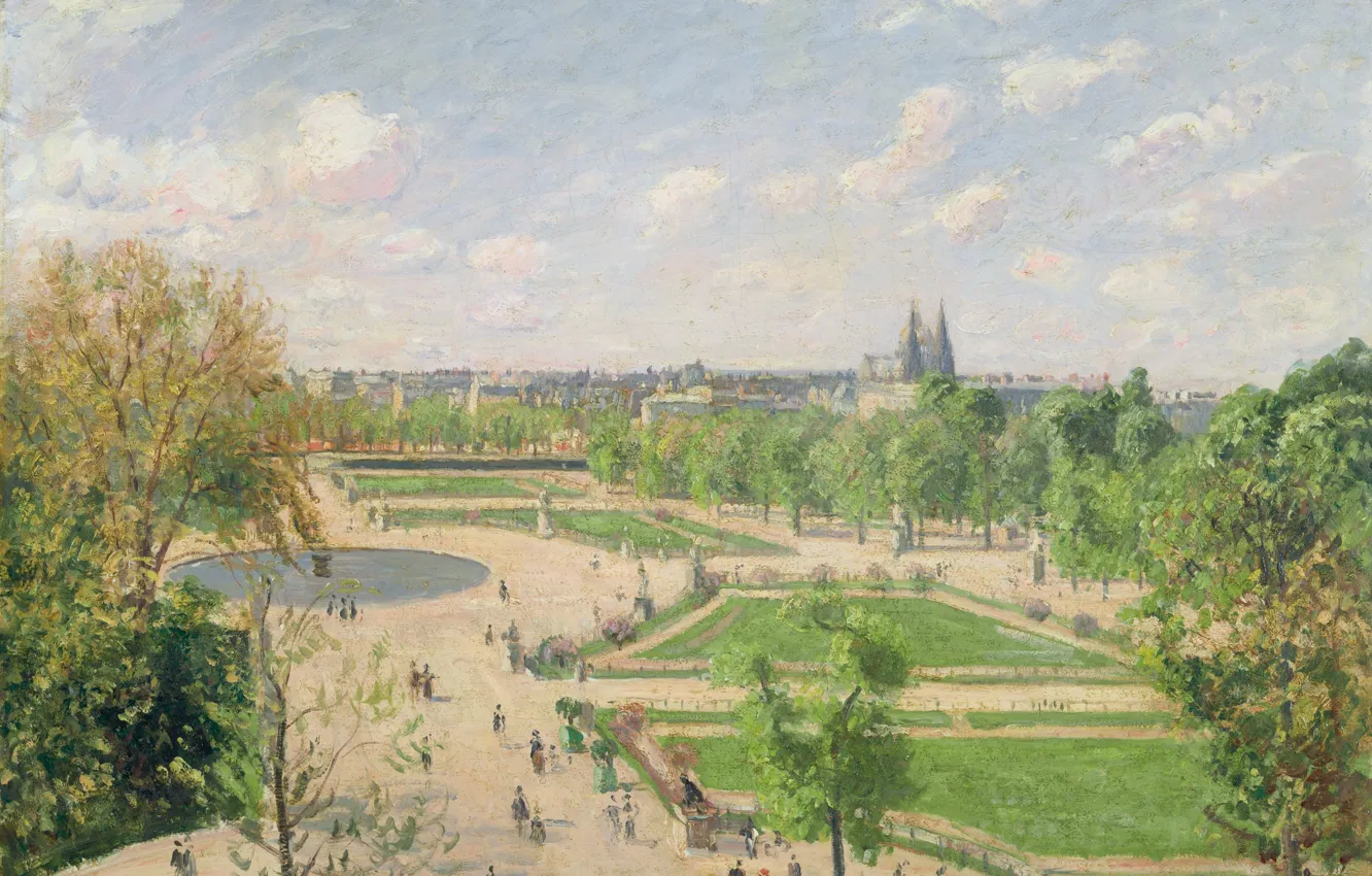 Фото обои пейзаж, город, парк, Париж, картина, Камиль Писсарро, Сады Тюильри. Утро. Весна