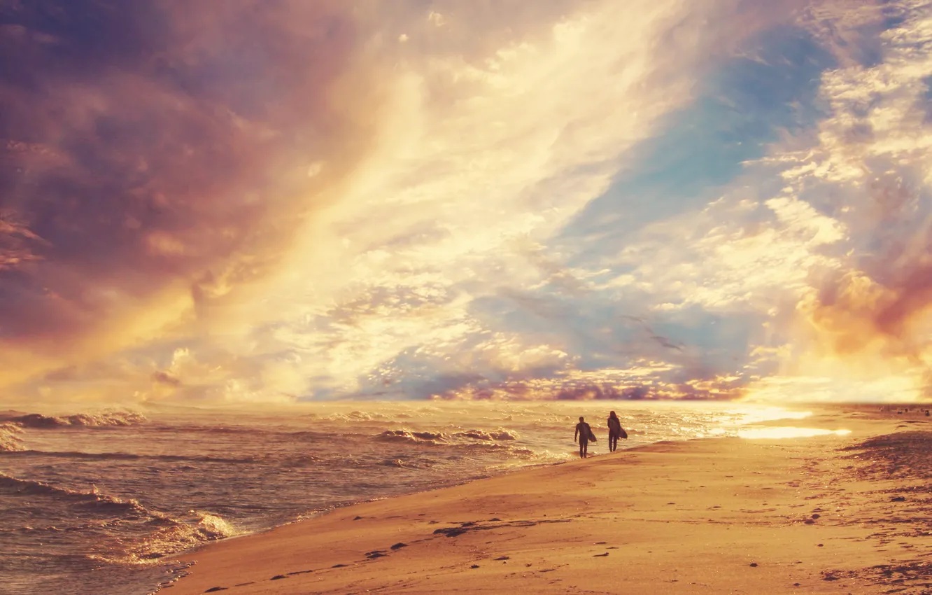 Фото обои песок, море, волны, пляж, небо, люди, берег, горизонт