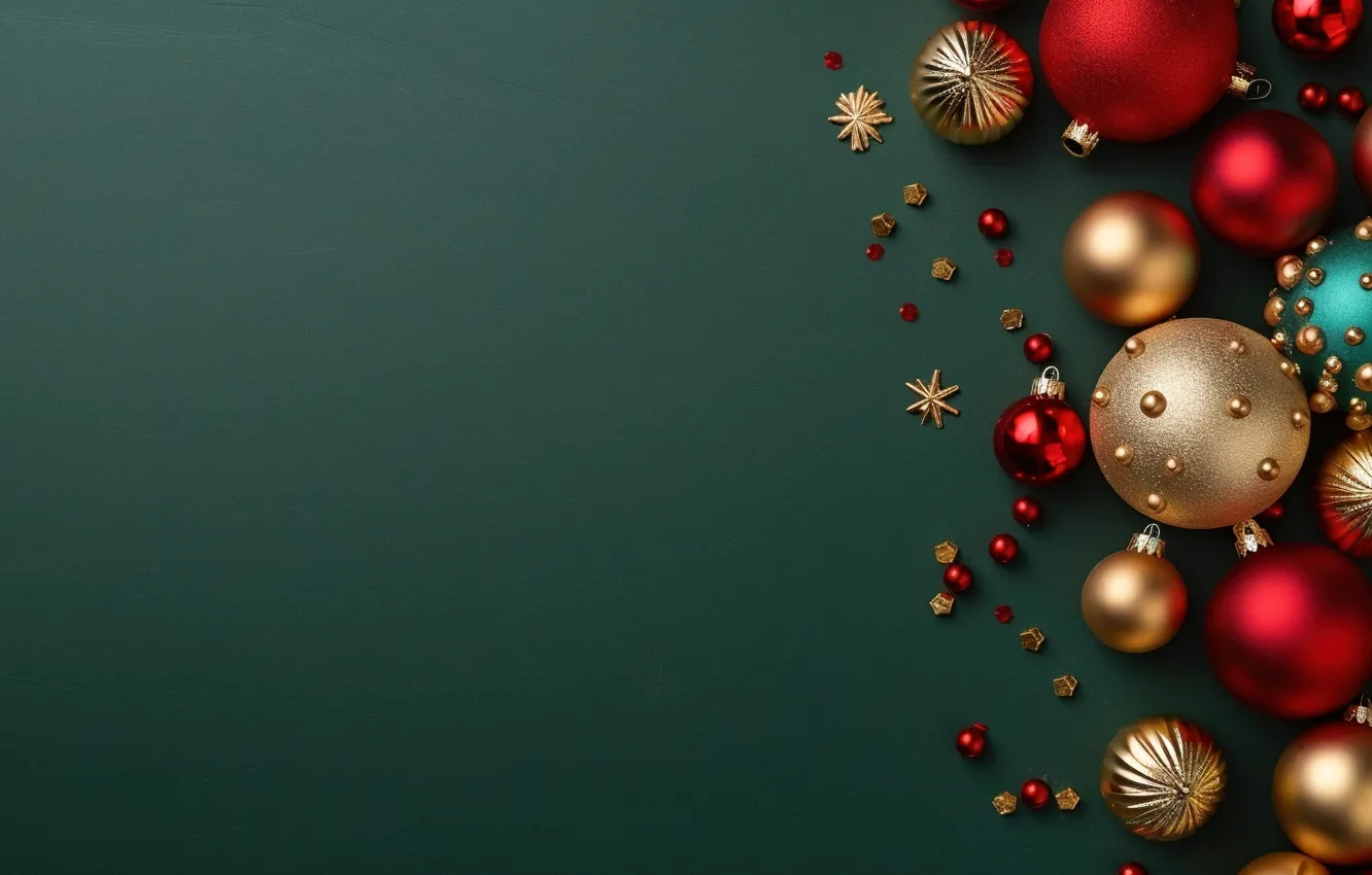 Фото обои украшения, темный фон, шары, colorful, Новый Год, Рождество, golden, new year