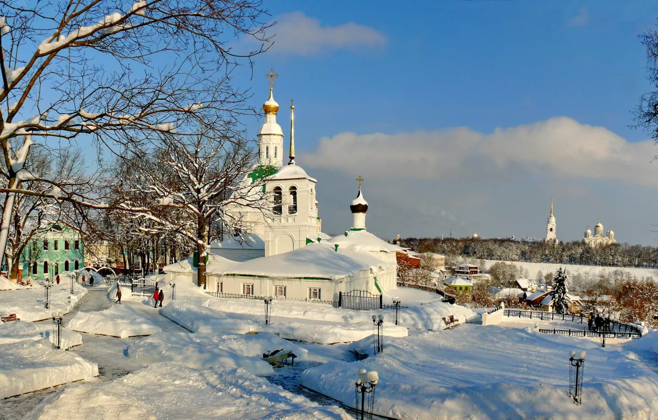 Фото обои зима, снег, пейзаж, город, церковь, Владимир, Спасская церковь