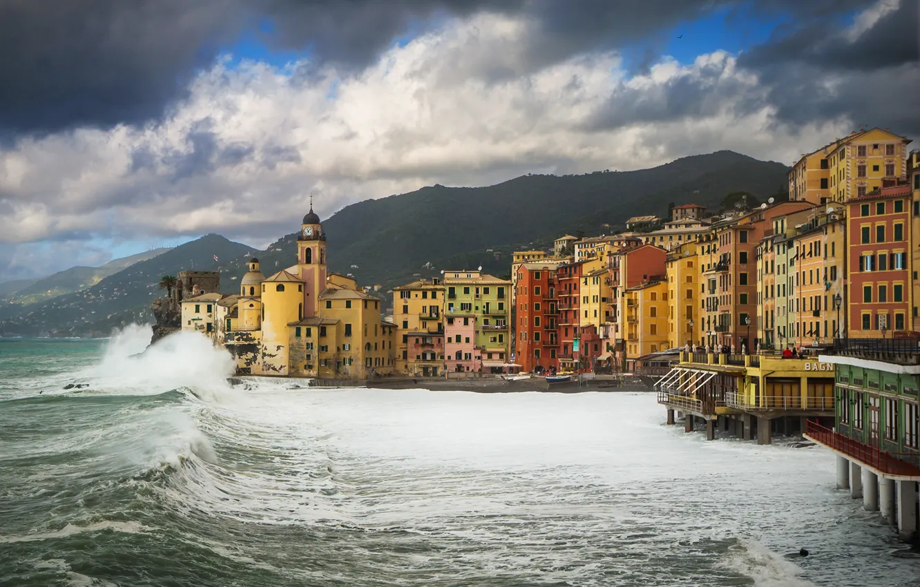 Фото обои море, пейзаж, горы, шторм, природа, берег, дома, Италия
