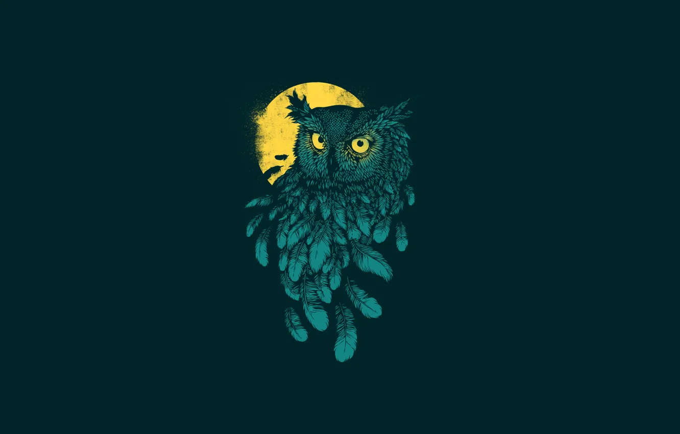 Фото обои темный фон, сова, птица, минимализм, перья, moon, owl, желтая луна