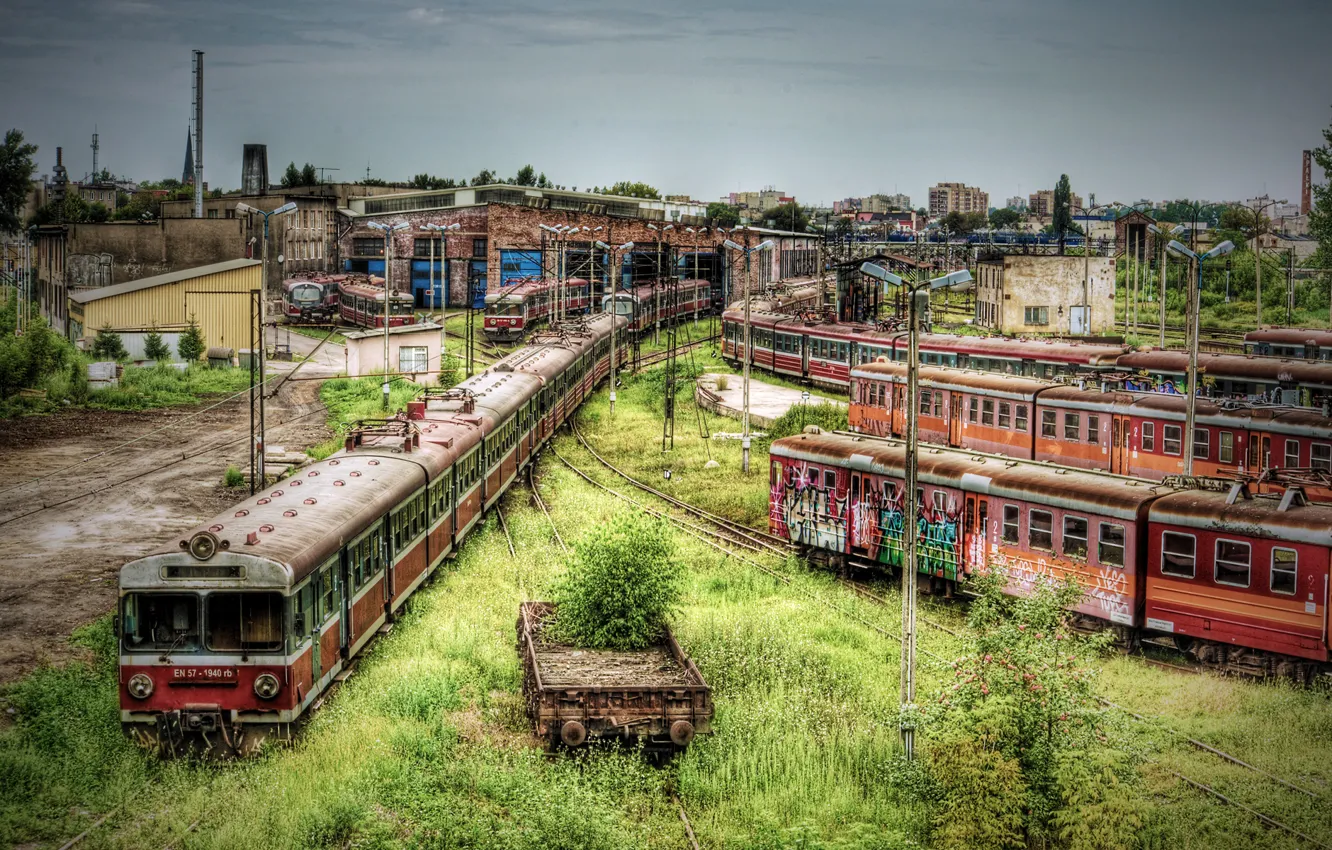 Фото обои метро, заросли, поезд, вагоны, железная дорога, постройки, заброшенность