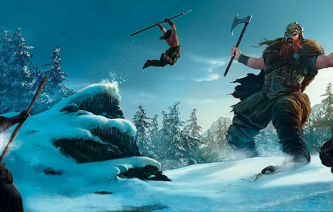 Фото обои снег, прыжок, гигант, викинг