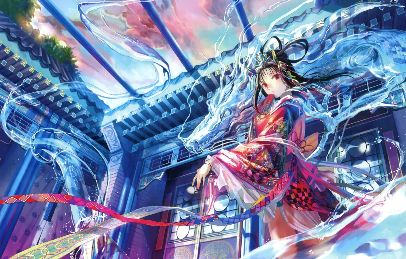Фото обои магия, дракон, двери, водяной, девочка, храм, art, fuzichoco (fujiwara)
