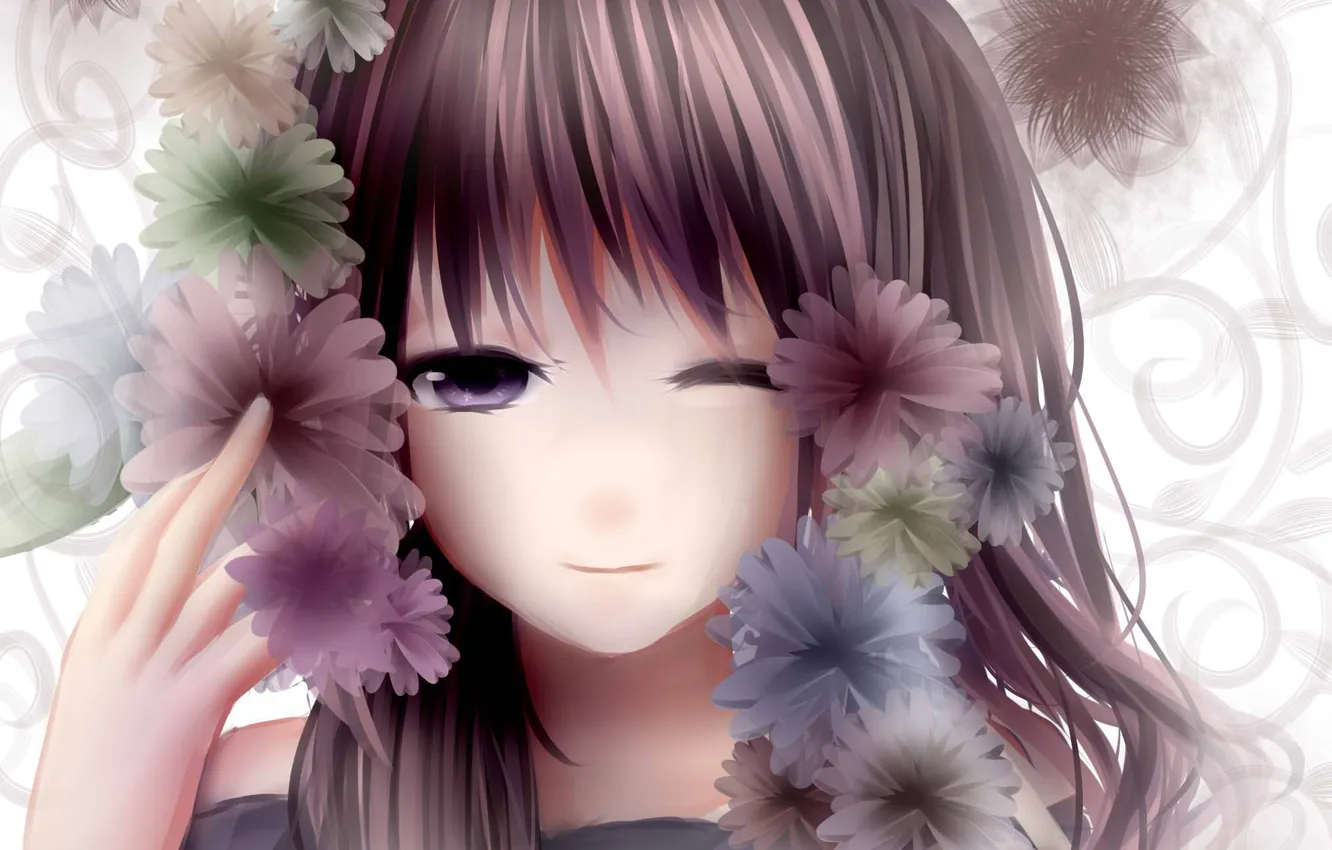 Фото обои девушка, цветы, улыбка, узоры, аниме, арт, подмигивание, ryaku-ko