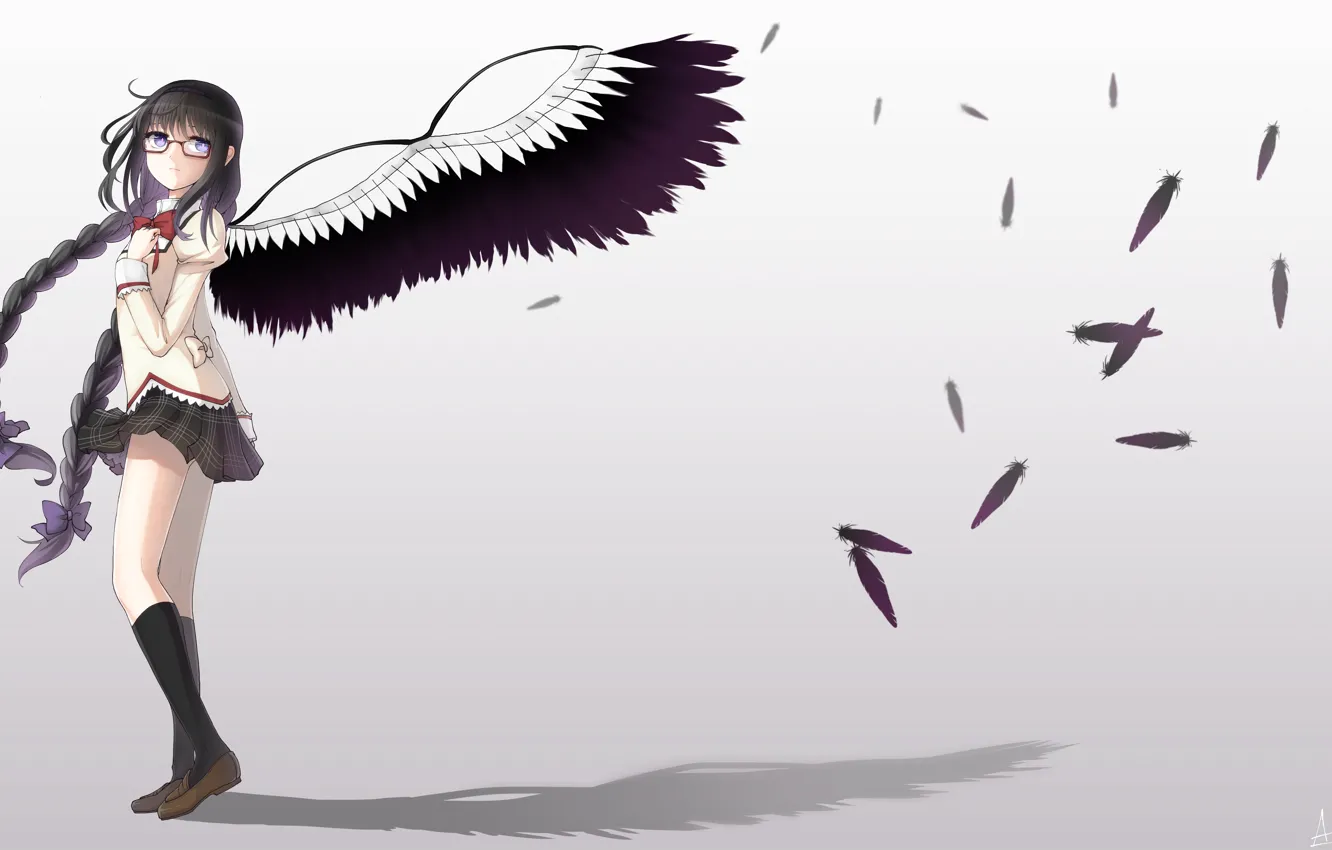 Фото обои девушка, крылья, тень, ангел, перья, Bakemonogatari