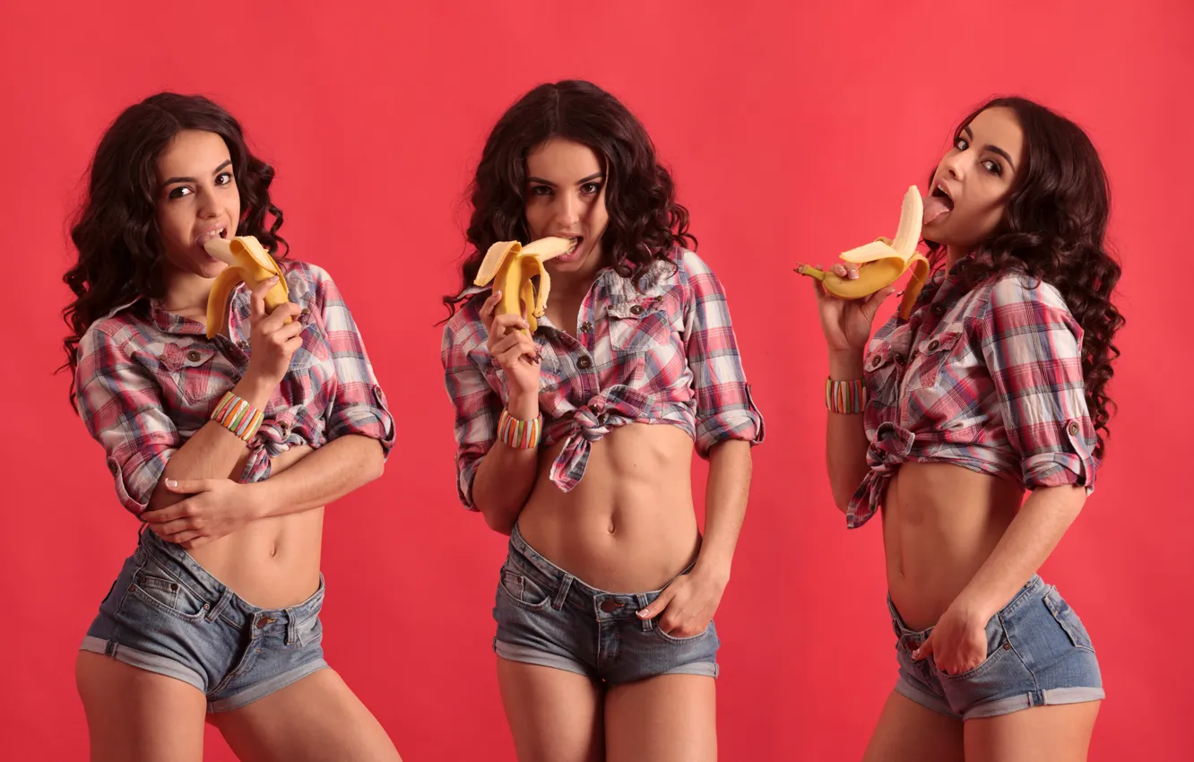 Фото обои девушка, шорты, брюнетка, банан, симпатичная