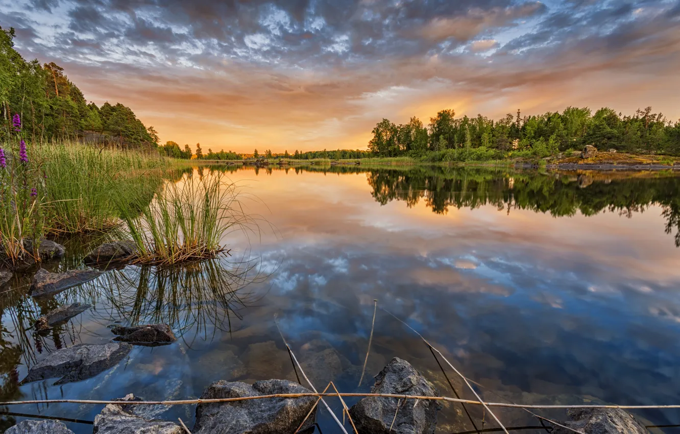 Фото обои закат, река, камни, фото, рассвет, Финляндия
