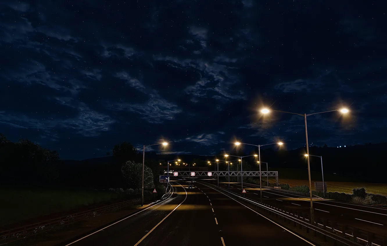 Фото обои HDR, Clouds, Night, Street, Game, Moonlight, Trees, Highway