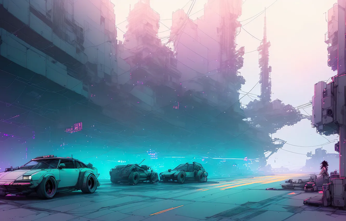 Фото обои car, city, future, landscape, art, fantastic, dystopia, digital art