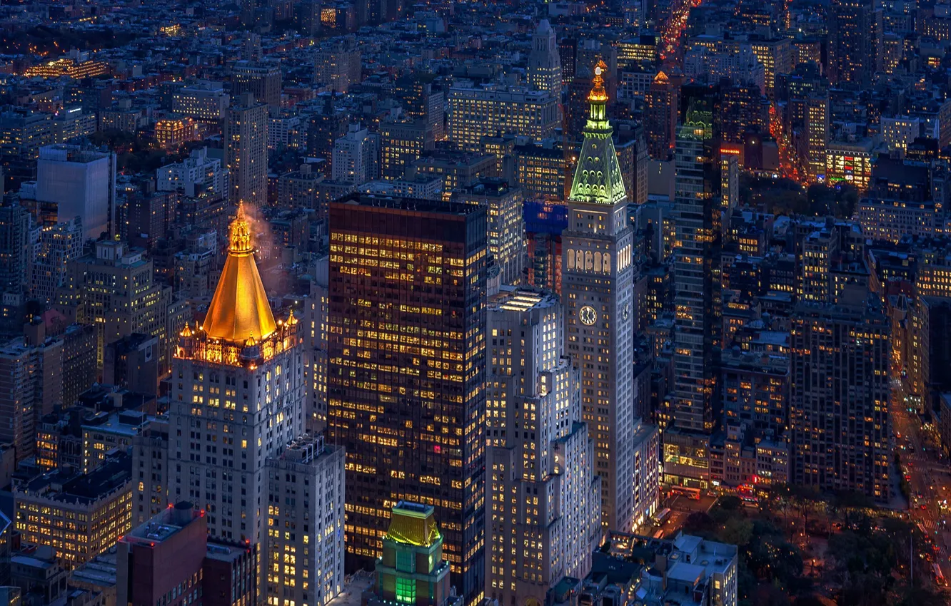 Фото обои ночь, огни, Нью-Йорк, небоскребы, США, Манхэттен
