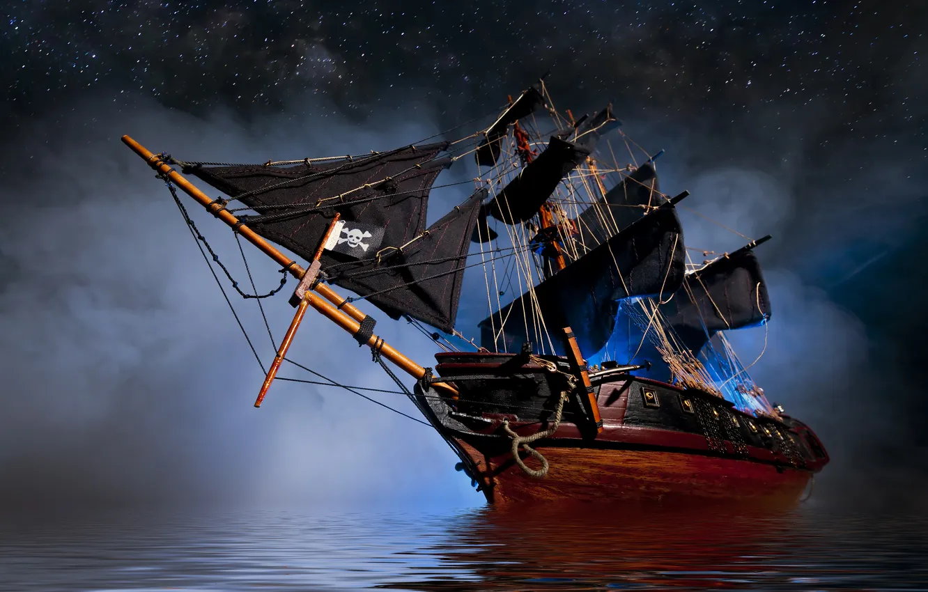 Фото обои vintage, sea, pirate, smoke, old, ship, reflections, ripples