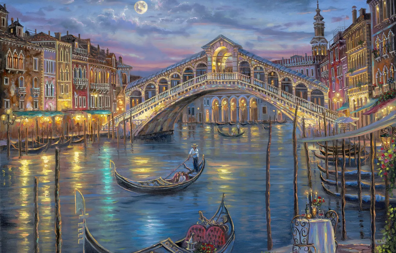 Фото обои цветы, ночь, мост, луна, романтика, свечи, Италия, Венеция