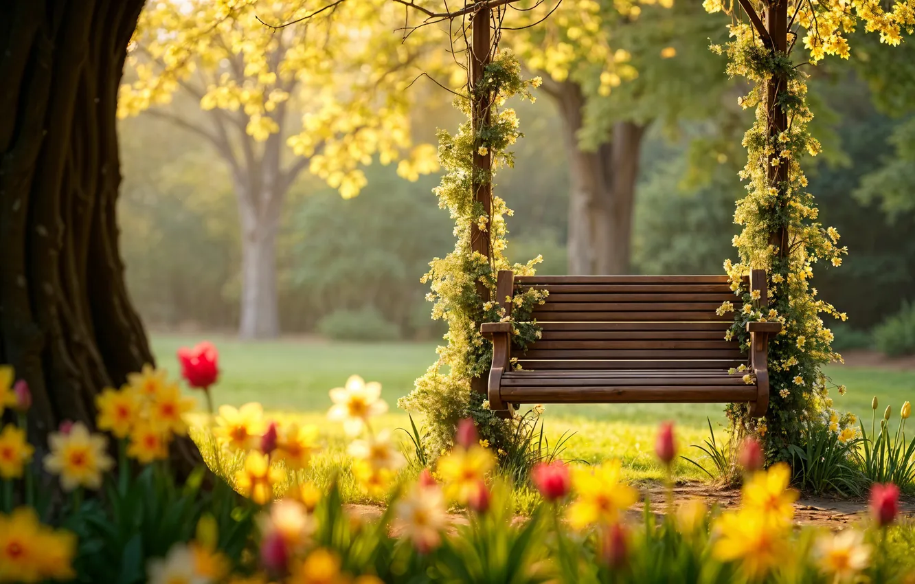 Фото обои цветы, качели, весна, colorful, сад, луг, blossom, flowers