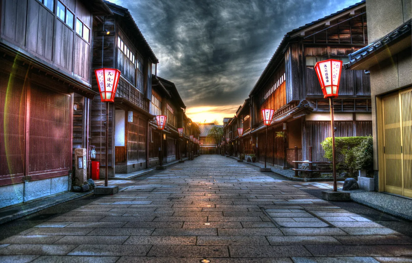 Фото обои закат, город, улица, HDR, дома, Япония, фонари