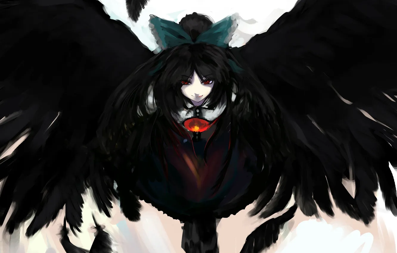 Фото обои язык, девушка, крылья, перья, арт, бант, reiuji utsuho, touhou