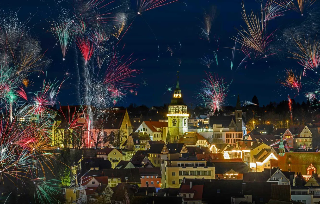Фото обои огни, праздник, башня, салют, Германия, Новый Год, Рождество, фейерверк