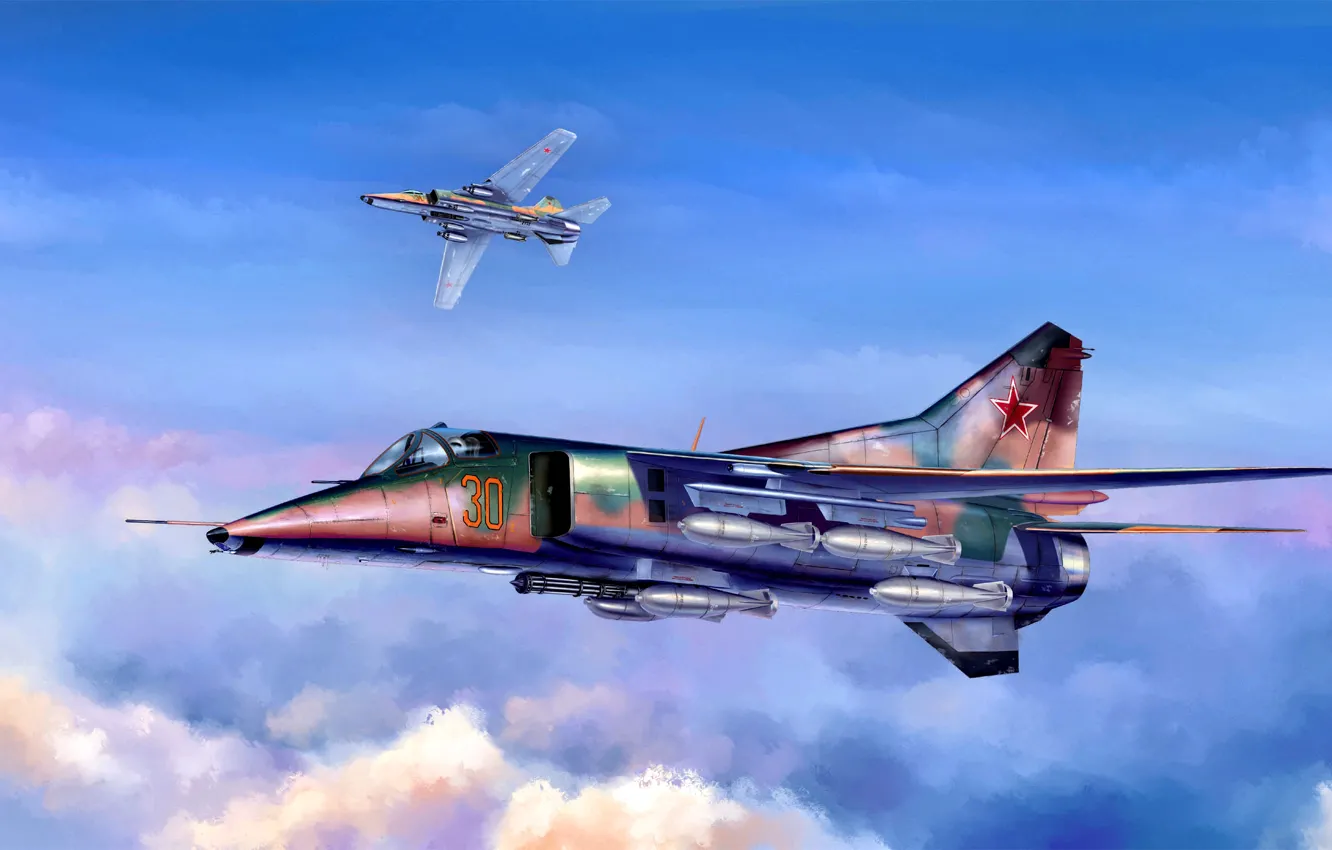 Фото обои СССР, Сверхзвуковой, Истребитель-бомбардировщик, МиГ-27, авиабомбы, Flogger-D, шестиствольная пушка ГШ-6-30А