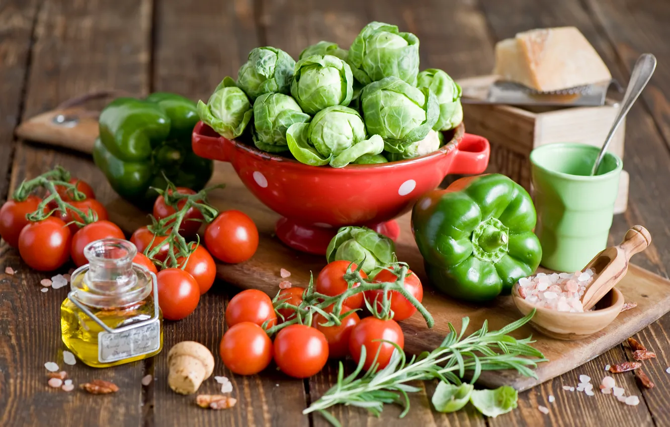 Фото обои зеленый, масло, сыр, посуда, перец, овощи, помидоры, капуста