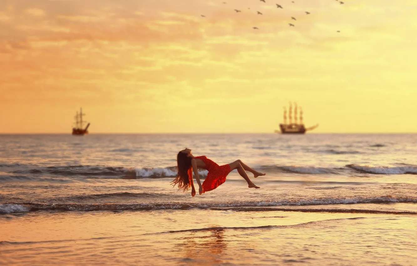 Фото обои Girl, Red, Water, Ocean, Sea, Dress, Over, Levitation