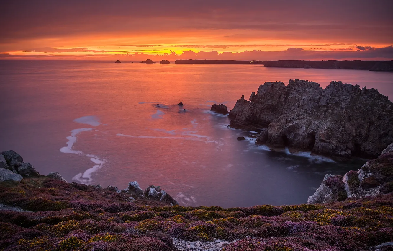 Фото обои море, закат, скалы, побережье, Франция, France, Brittany, Бретань