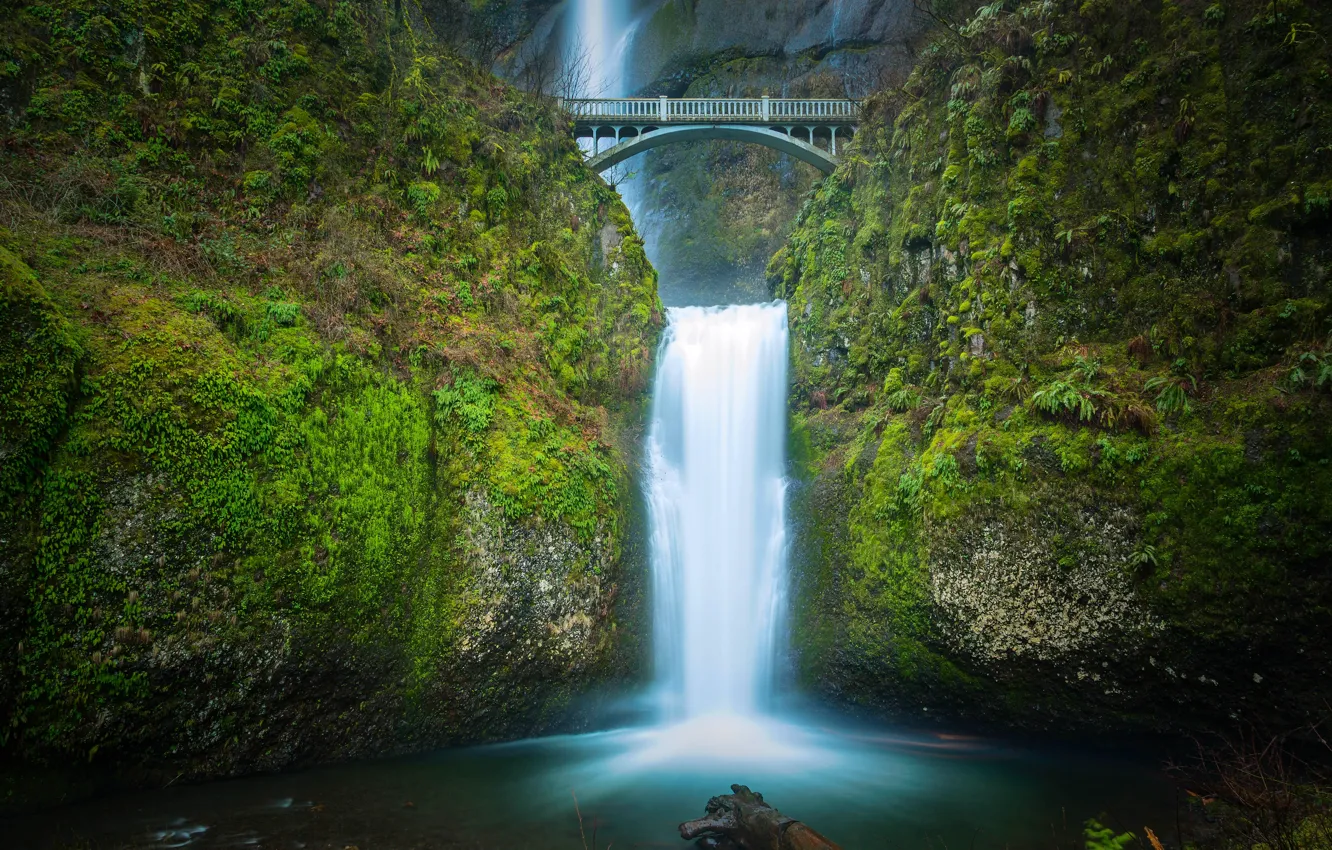 Фото обои мост, водопад, Орегон, каскад, Oregon, Columbia River Gorge, водопад Малтнома, Benson Bridge
