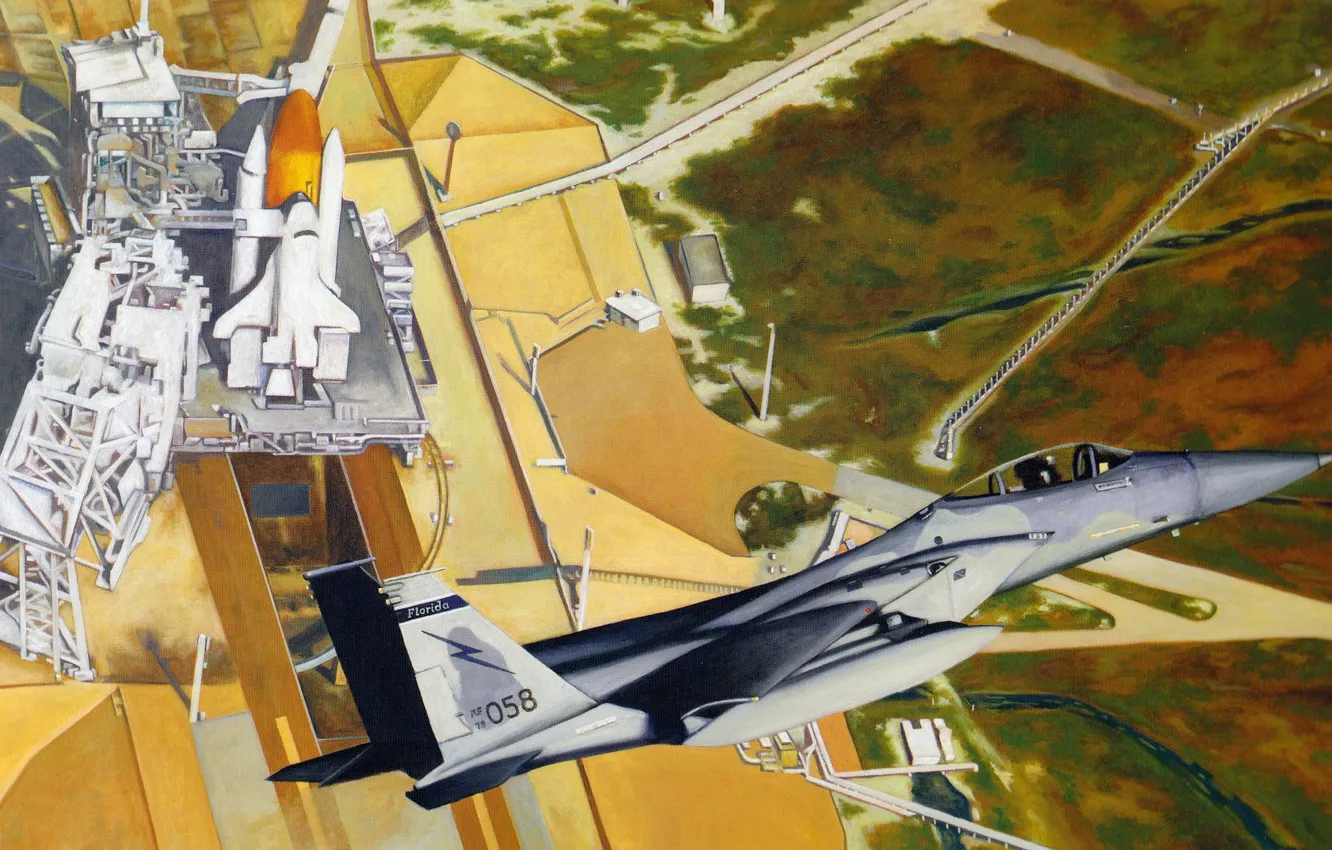 Фото обои небо, рисунок, космодром, F-15 Eagle, американский, космический корабль, всепогодный, транспортный
